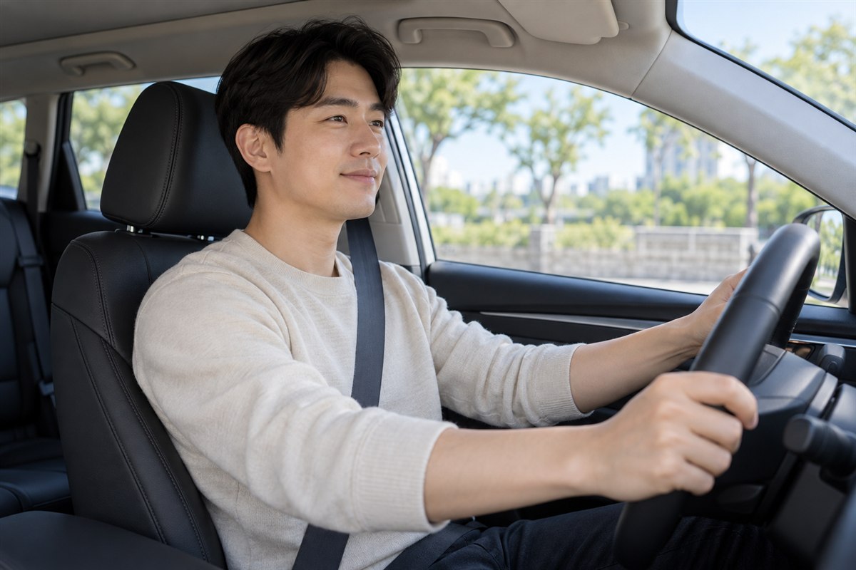 운전적성정밀검사예약 관련 주차된 차량에서 운전 준비 상태를 확인하는 한국인 운전자