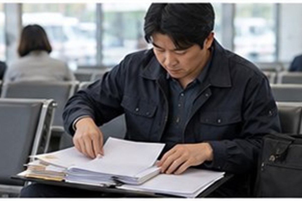 운전적성정밀검사예약 관련 검사장 대기 공간에서 차량 관련 서류를 정리하는 한국인 운전자