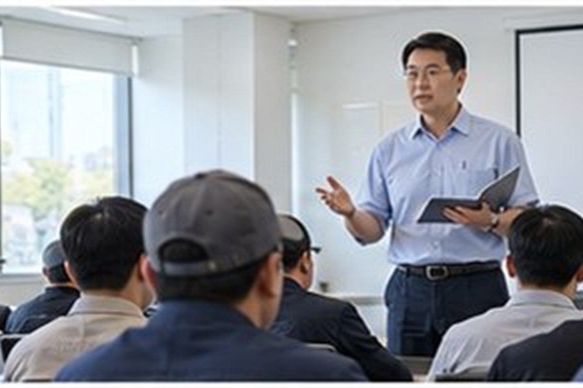 운전적성정밀검사예약 관련 교통안전 교육실에서 설명을 듣는 운수 종사자들