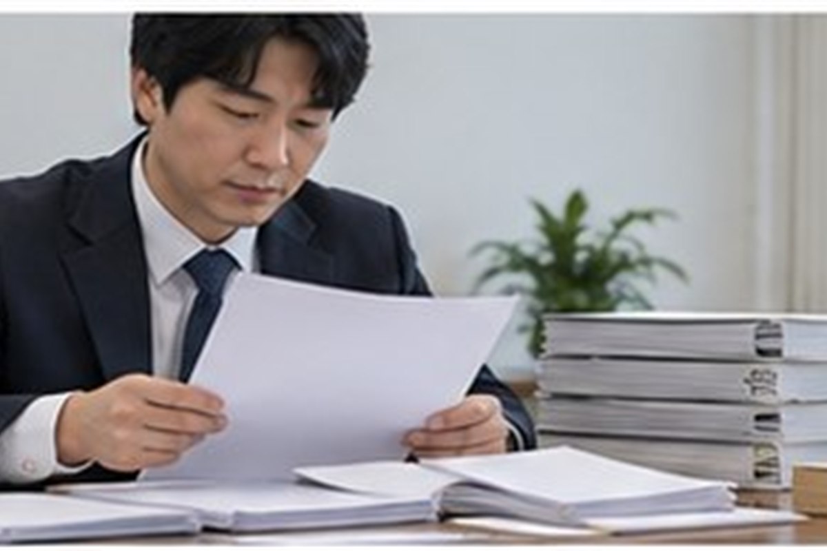 판결문정본발급, 집행문·송달증명·확정증명을 같이 받아야 할 때 1 판결문정본발급 관련 법원 절차 서류를 차분히 분류하는 한국인 성인과 밝은 사무 공간