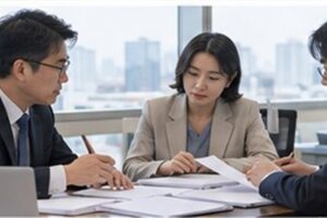 자본금감소등기 관련 밝은 회의실에서 회사 의사록과 행정 절차를 검토하는 한국인 임원들