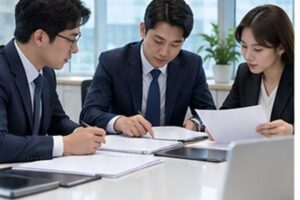 법인지점폐지등기 관련 밝은 회의실에서 회사 의사록과 행정 절차를 검토하는 한국인 임원들