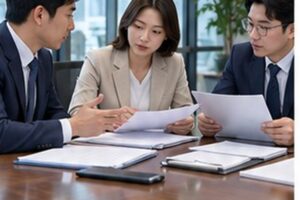 법인분할등기 관련 밝은 회의실에서 회사 의사록과 행정 절차를 검토하는 한국인 임원들