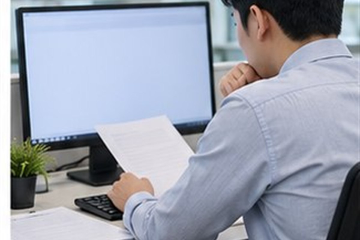 법인분할등기, 근로계약과 채무는 어느 회사로 승계될까 3 법인분할등기 관련 기업 행정 담당자가 컴퓨터와 빈 문서로 등기 일정을 점검하는 사무실