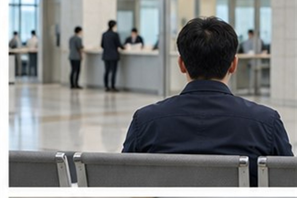 상속포기 심판문 발급 관련 현대적인 법원 민원실 복도에서 순서를 확인하는 사람