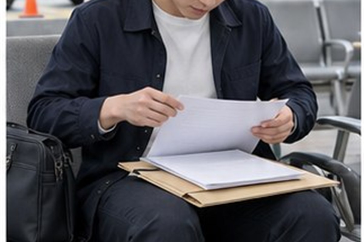 면허정지이의신청 관련 검사장 대기 공간에서 차량 관련 서류를 정리하는 한국인 운전자