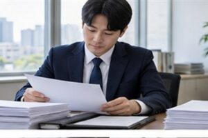민사조정신청 비용 관련 법원 절차 서류를 차분히 분류하는 한국인 성인과 밝은 사무 공간