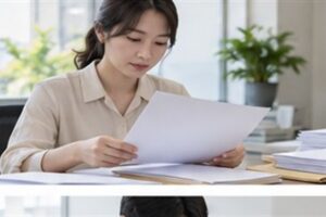 가족관계등록부 정정허가, 허가 결정 후 등록부 반영까지 걸리는 단계 12 가족관계등록부 정정허가 관련 가족관계 관련 증명서류를 정리하는 한국인 성인과 밝은 책상