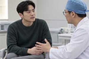 탈장 수술비용 진료 방향을 상담하는 한국인 환자와 전문 의료진