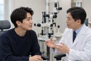 비중격만곡증 수술비용 진료 방향을 상담하는 한국인 환자와 전문 의료진