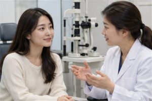 라섹 회복기간 진료 방향을 상담하는 한국인 환자와 전문 의료진