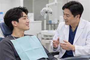 임플란트 뼈이식 비용 진료 방향을 상담하는 한국인 환자와 전문 의료진
