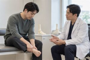 족저근막염 주사 진료 방향을 상담하는 한국인 환자와 전문 의료진