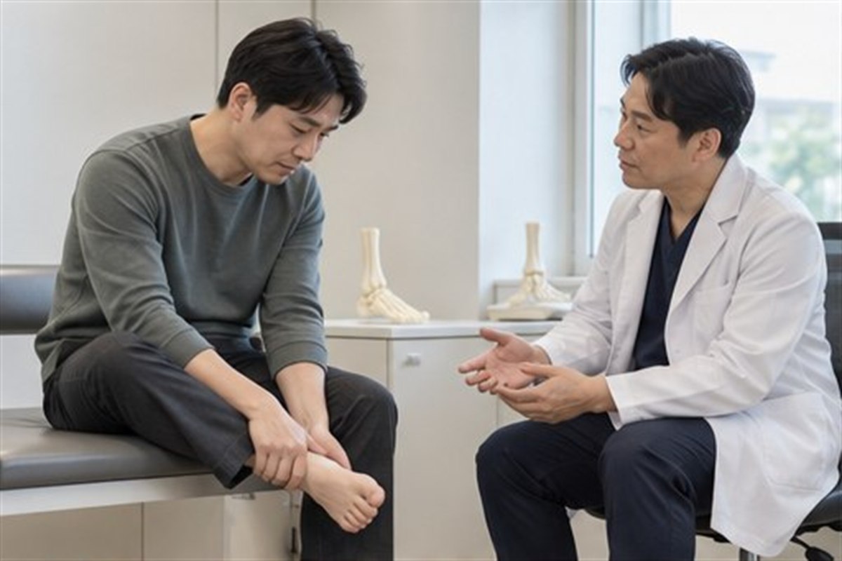 족저근막염 주사, 통증이 계속될 때 먼저 확인할 것 1 족저근막염 주사 진료 방향을 상담하는 한국인 환자와 전문 의료진