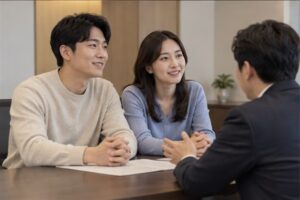 소유권이전등기 비용 절차를 상담하는 한국인 신청인과 전문 상담자