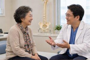 골다공증 주사 가격 진료 방향을 상담하는 한국인 환자와 전문 의료진