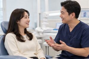 치근단절제술 비용 진료 방향을 상담하는 한국인 환자와 전문 의료진