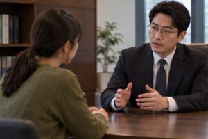 임대차보증금 가압류 절차를 상담하는 한국인 신청인과 전문 상담자