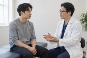 오십견 치료기간 진료 방향을 상담하는 한국인 환자와 전문 의료진