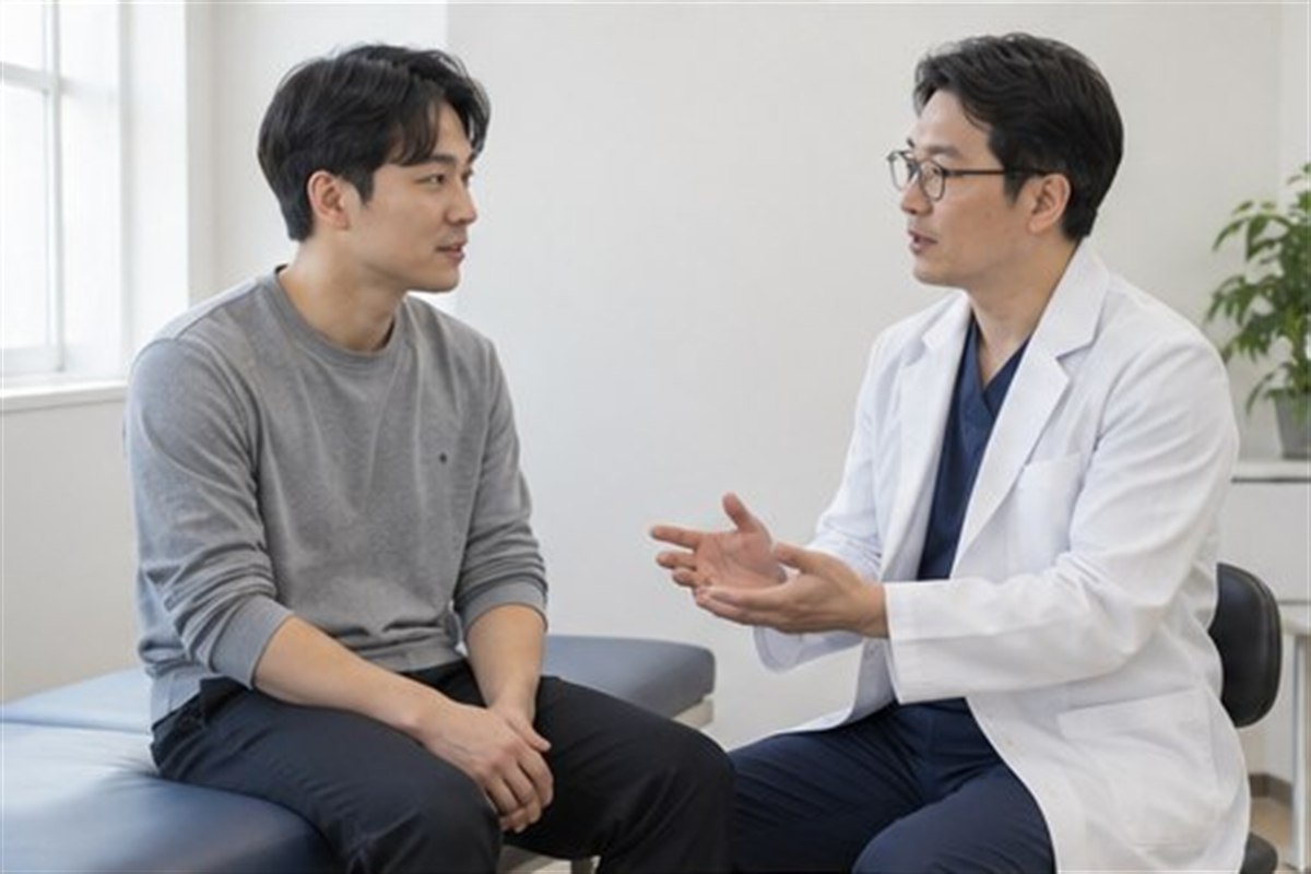 오십견 치료기간 진료 방향을 상담하는 한국인 환자와 전문 의료진