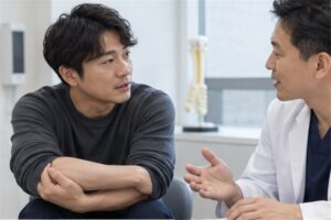 테니스엘보 주사 진료 방향을 상담하는 한국인 환자와 전문 의료진