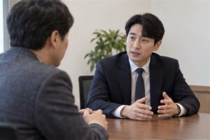 가등기 말소 절차를 상담하는 한국인 신청인과 전문 상담자
