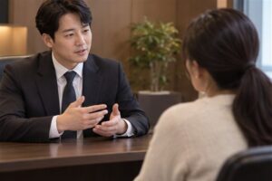 면접교섭 변경신청, 자녀 일정과 복리를 반영하는 방법 1 면접교섭 변경신청 절차를 상담하는 한국인 신청인과 법률 전문가