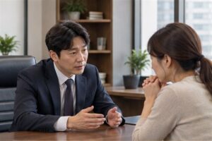 강제경매 배당요구 절차를 상담하는 한국인 신청인과 전문 상담자