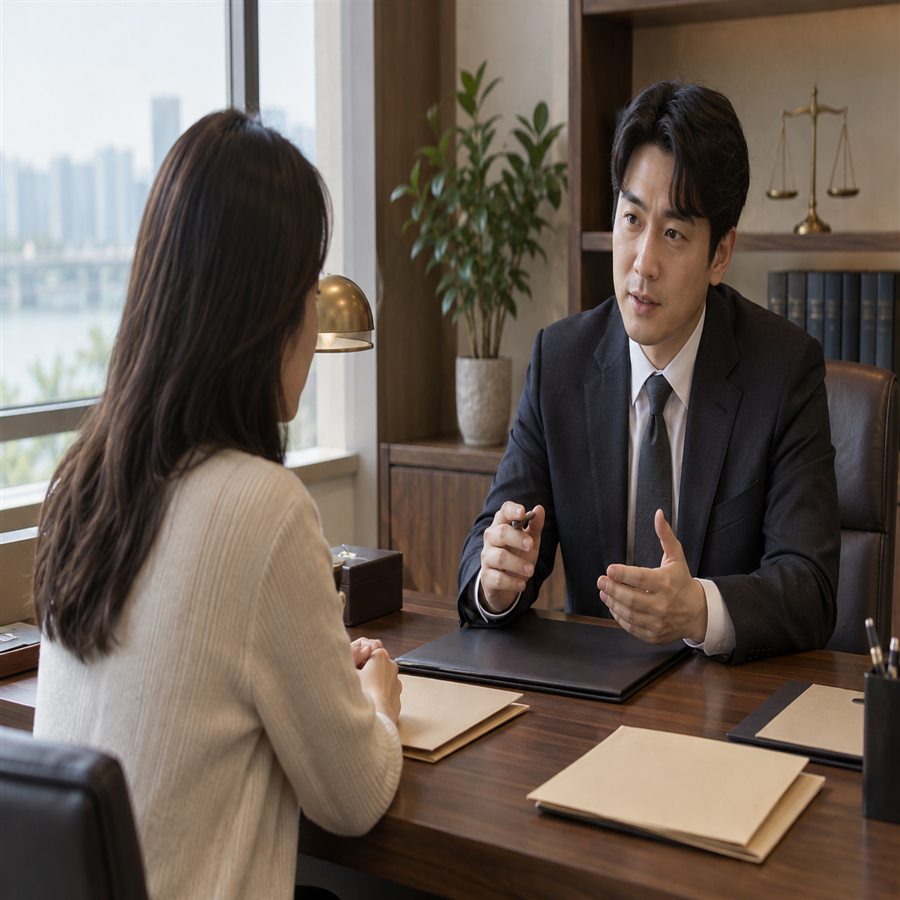 법률 전문가에게 거래 사실관계를 상담하는 사람