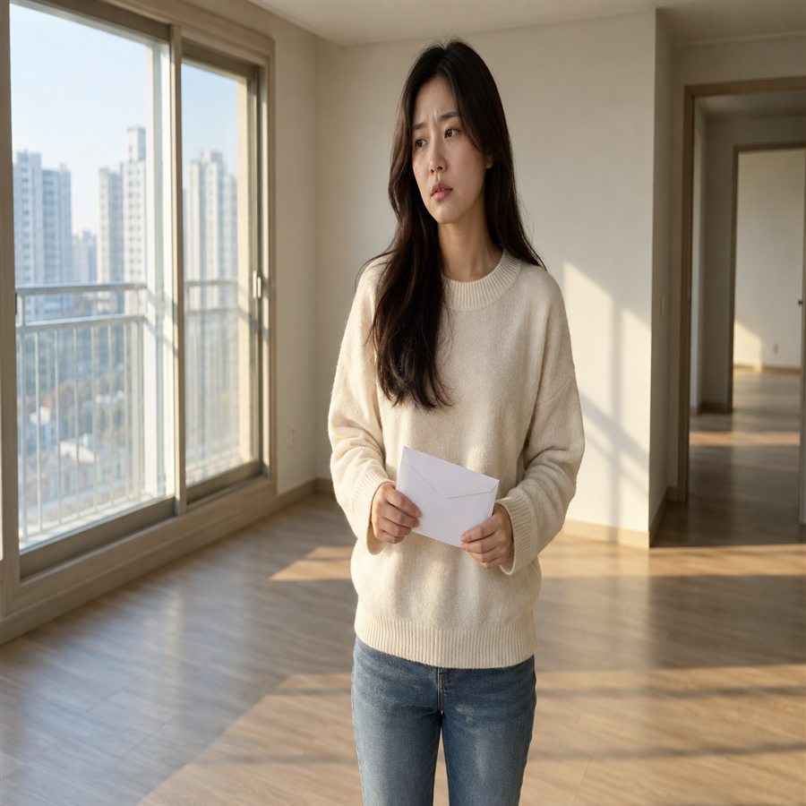 빈 임대주택에서 반환 요구 봉투를 든 임차인