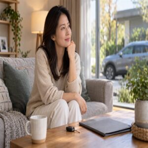 집에서 자동차 열쇠 옆에서 벌금 보장을 고민하는 운전자