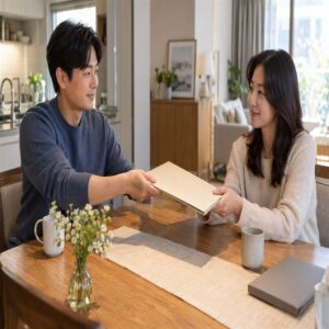 배우자에게 닫힌 보험 폴더를 건네는 가입자