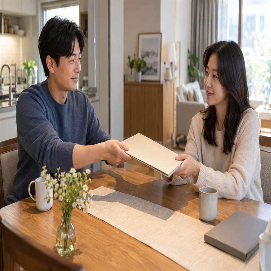 배우자에게 닫힌 보험 폴더를 건네는 가입자