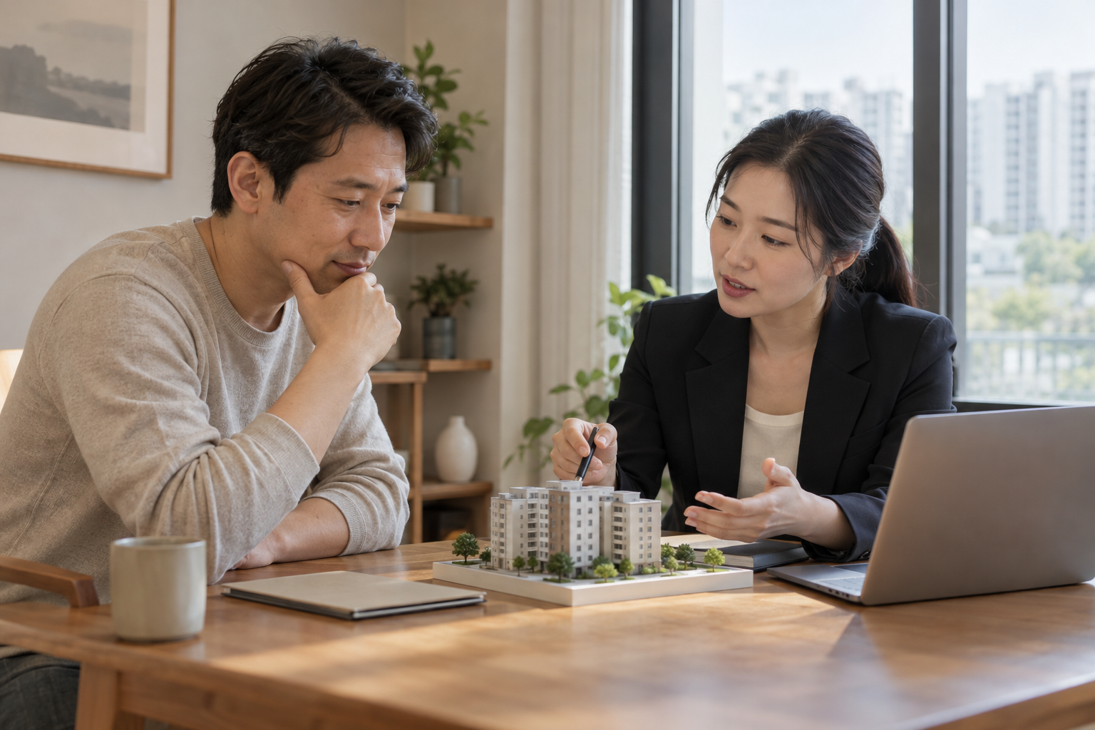 임대주택 소유자가 세무 상담자와 작은 주택 모형 옆에서 상담