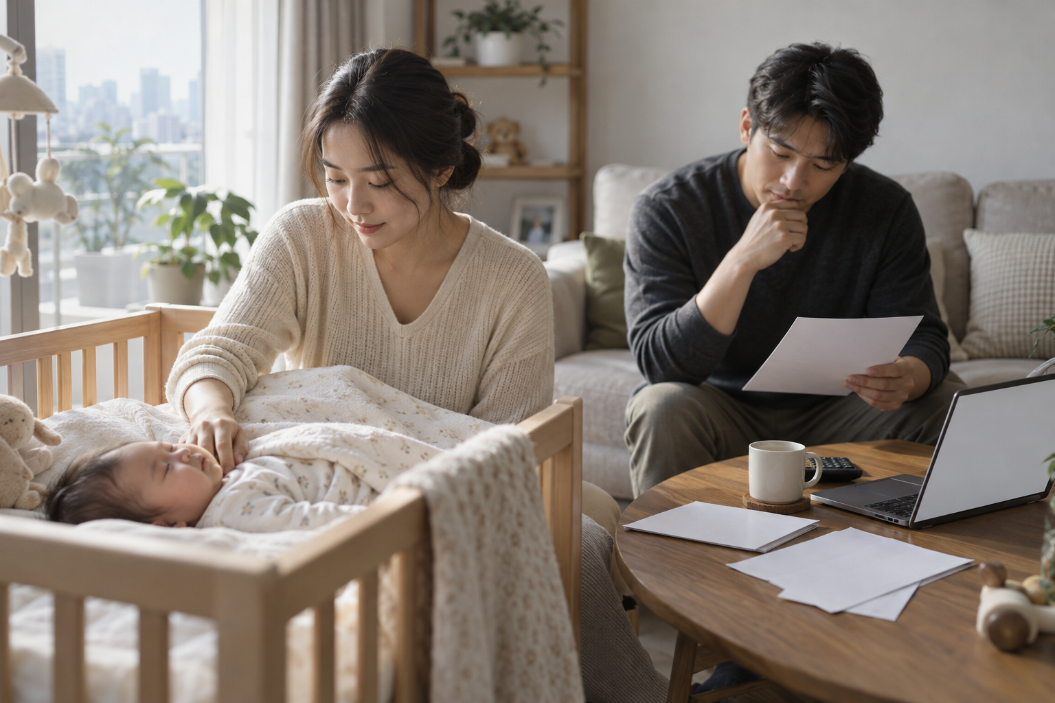 아기 침대 옆에서 잠든 아기를 돌보는 젊은 한국인 부모, 보험료 부담 검토