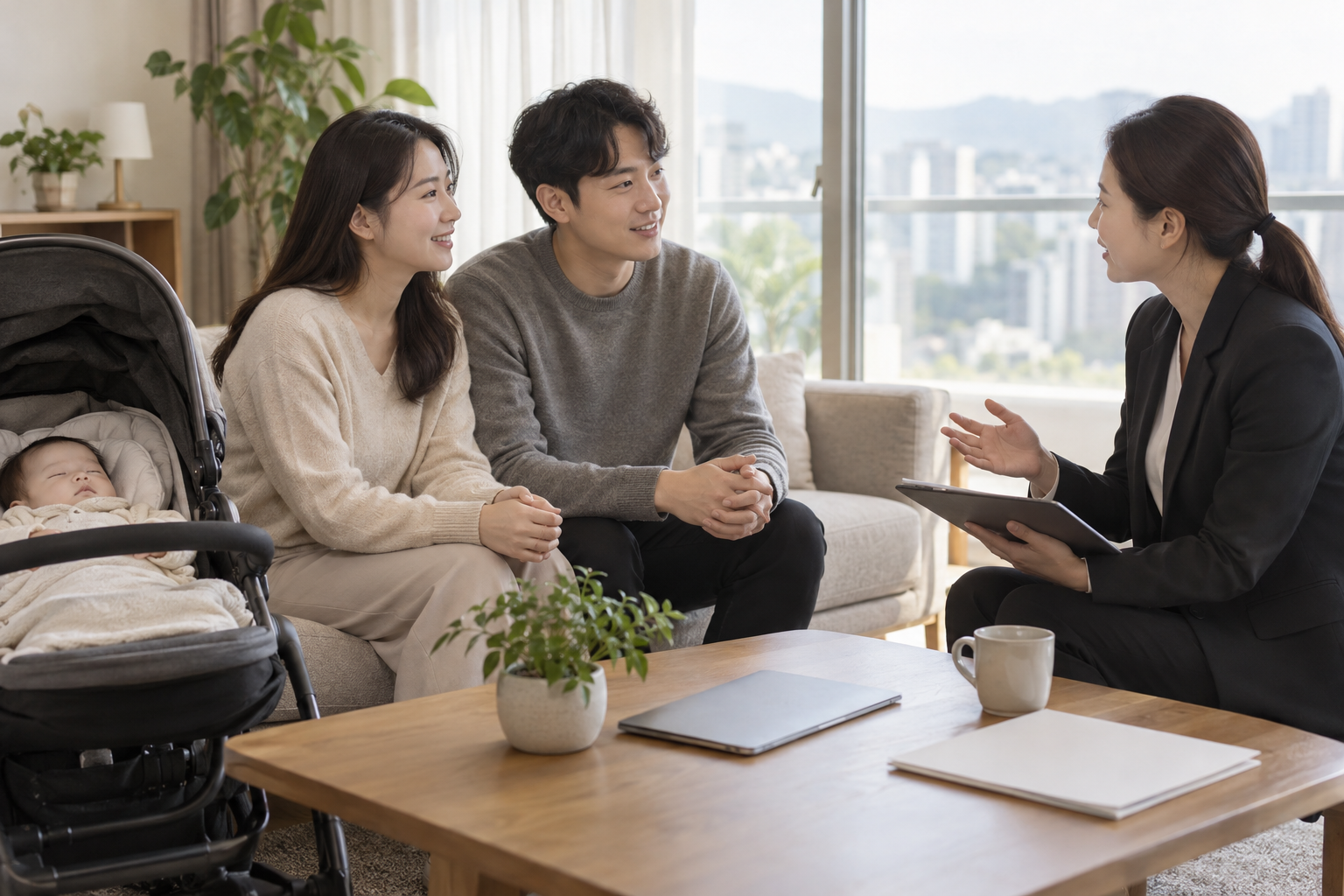젊은 부모가 아기 유모차를 곁에 두고 보험 상담자와 대화