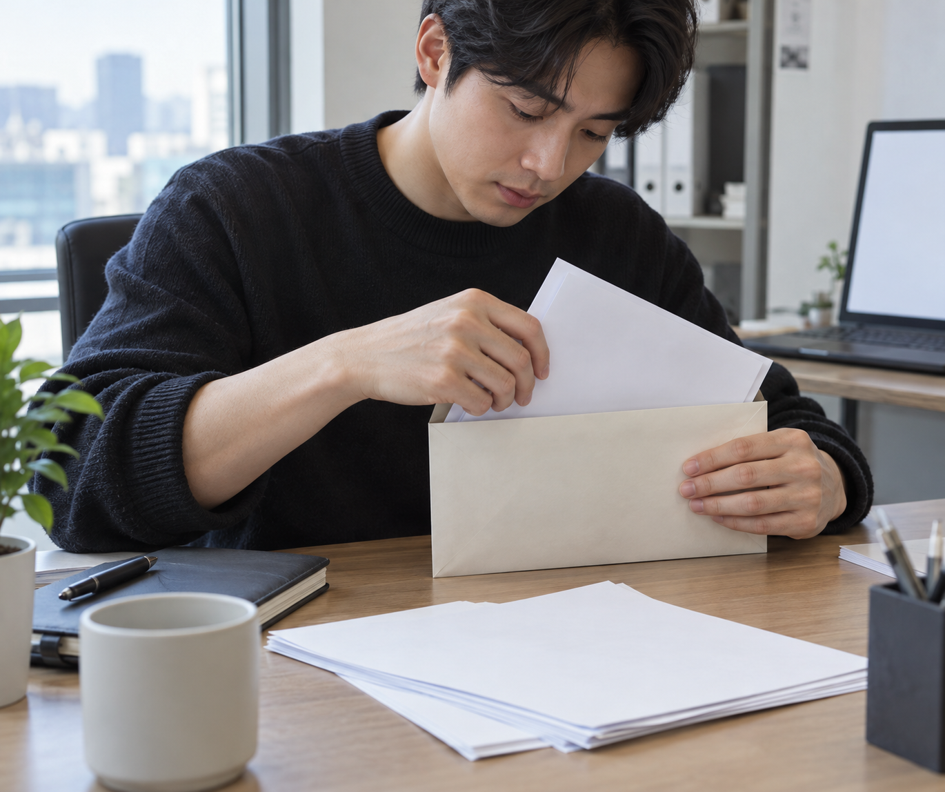 근로자가 근무기록 자료를 모으는 손, 무지 봉투와 뒤집힌 서류