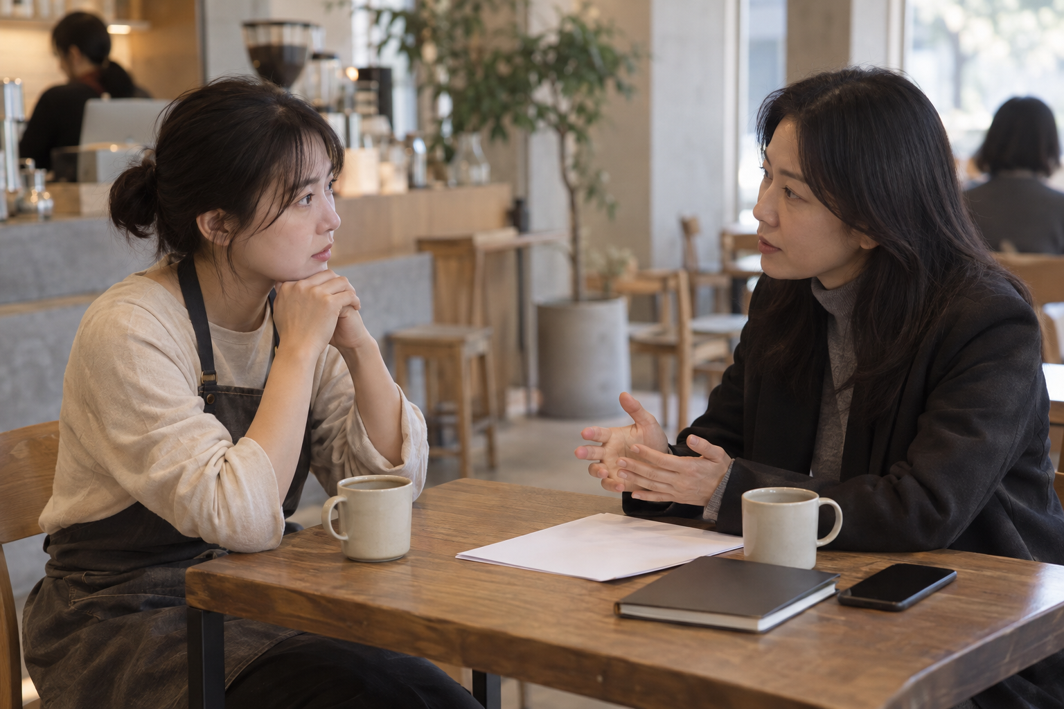 카페 근로자가 노동 상담자와 마주 앉아 임금 상담