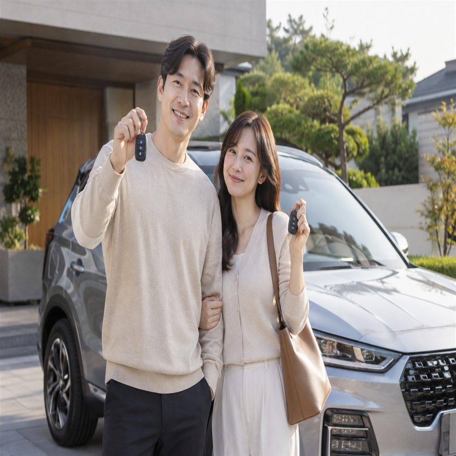 주차된 가족 자동차 옆에 함께 선 부부