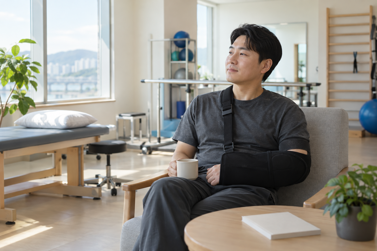 산재 요양기간, 연장 신청과 진료계획에서 확인할 기준 1 팔 보조기를 착용한 한국인 근로자가 재활 진료실에서 휴식
