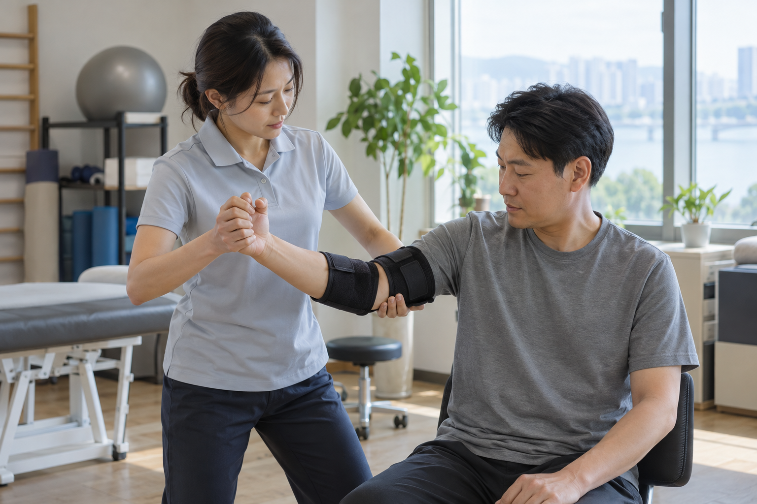 산재 요양기간, 연장 신청과 진료계획에서 확인할 기준 2 물리치료사가 보호대 착용 근로자의 팔 가동 범위를 부드럽게 평가