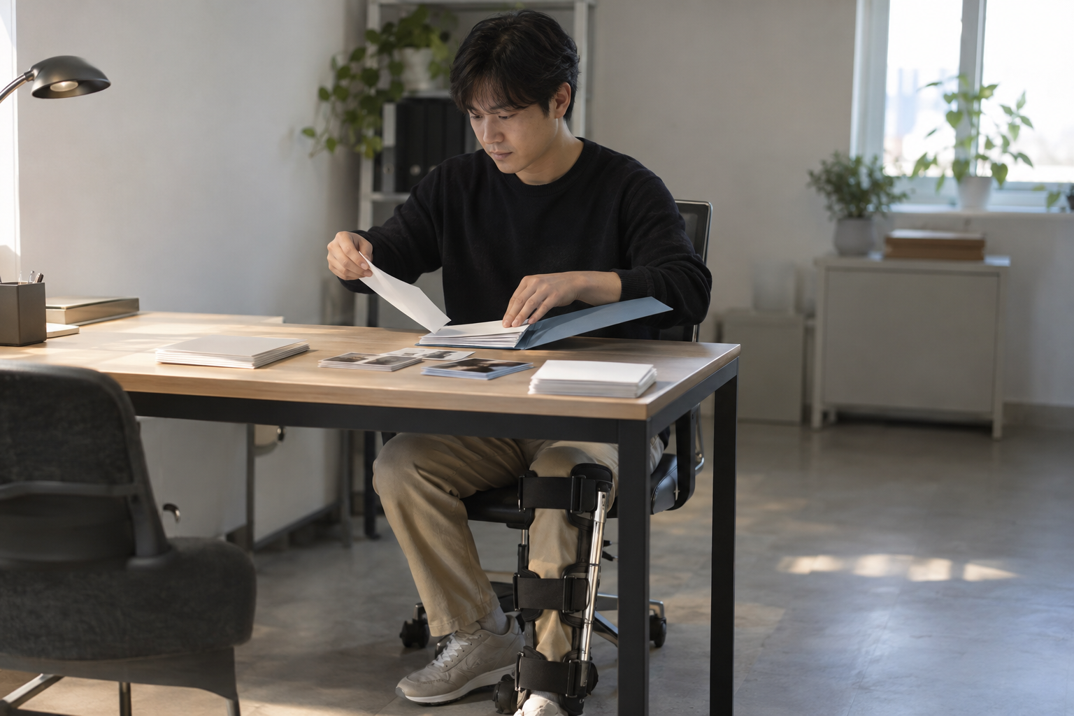 산재 재심사청구, 90일 기한과 원처분기관 제출 확인 2 보조기 착용 근로자가 무지 폴더에 증빙 사진 뒷면과 빈 서류를 분류