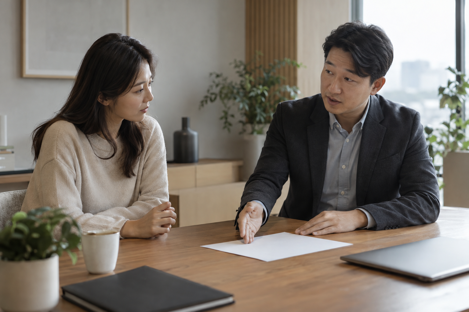 중립 조정자가 고객에게 조정안 확인 사항을 차분하게 설명