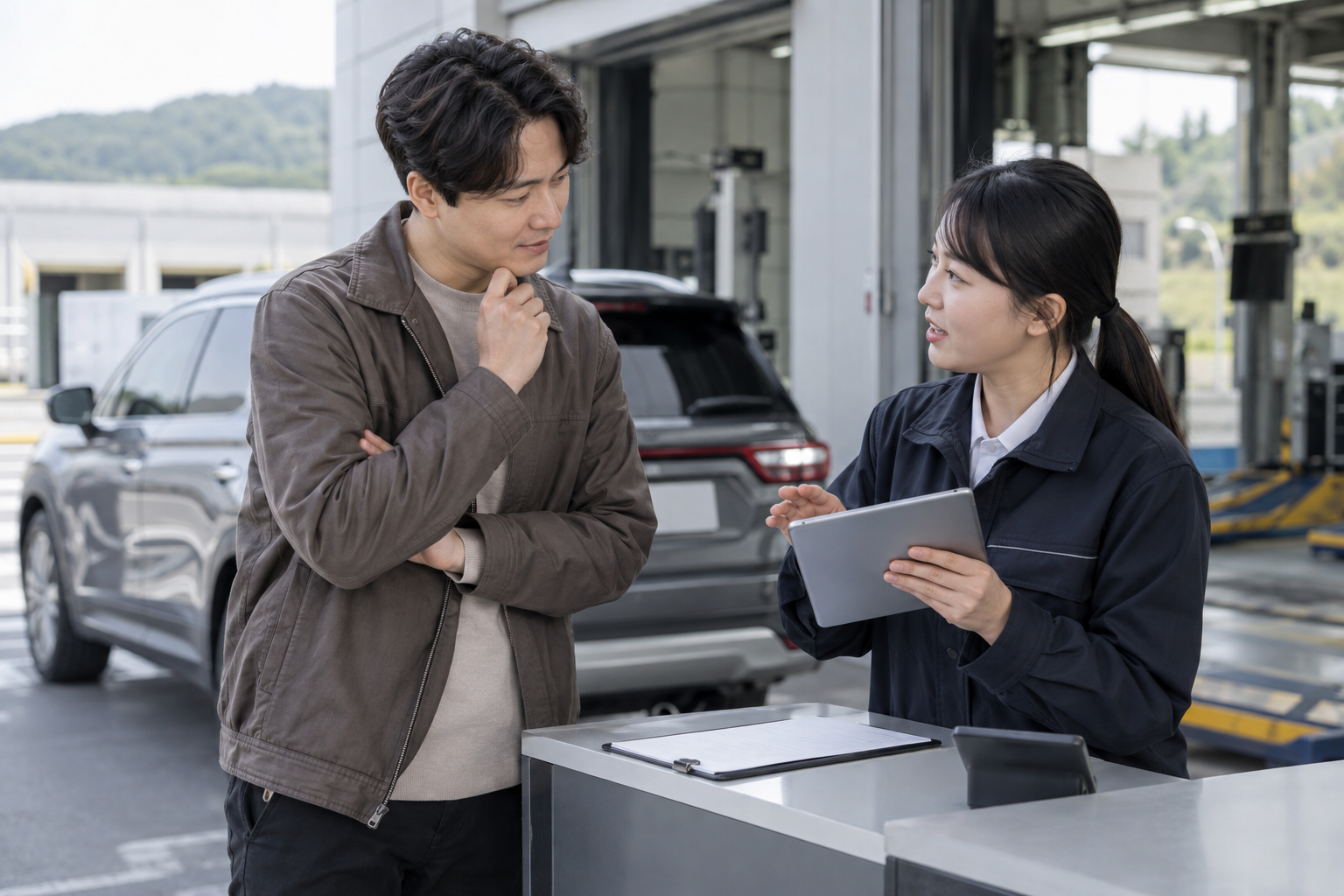 운전자와 검사소 접수 담당자가 차량을 배경으로 예약 내용을 상담