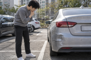 자동차보험 미수선처리, 자차와 대물배상부터 구분하세요 10 한국인 운전자가 은색 자동차의 찌그러진 뒷범퍼를 주차장에서 살핌