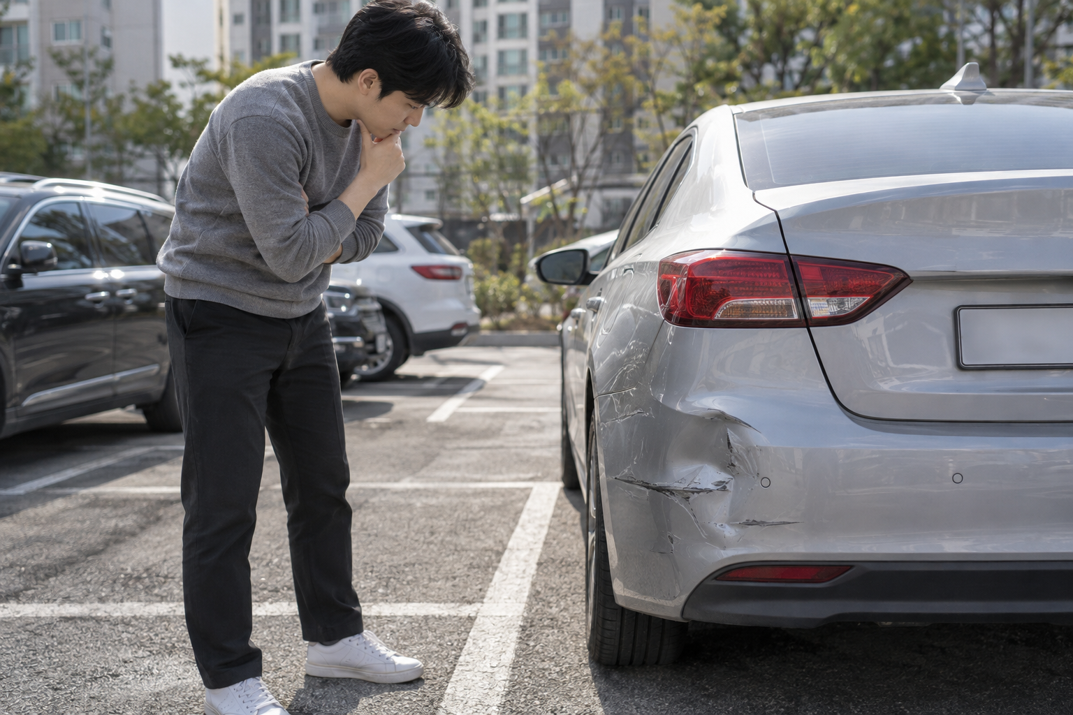 한국인 운전자가 은색 자동차의 찌그러진 뒷범퍼를 주차장에서 살핌