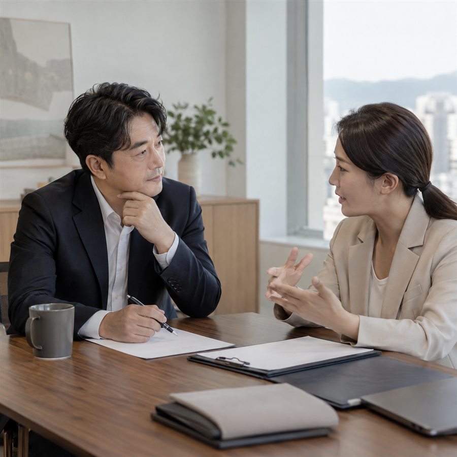 법인 주소 변경을 전문가와 상담하는 회사 대표