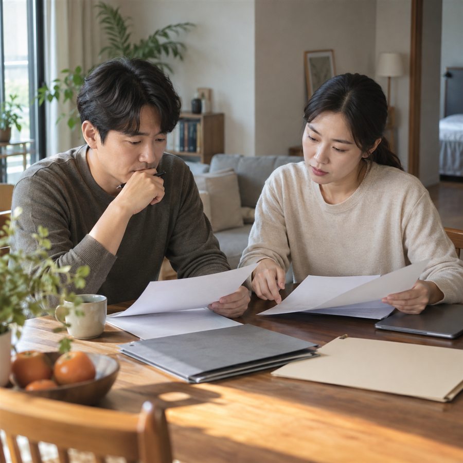 차분한 가정에서 상속 자료를 살펴보는 성인 남매