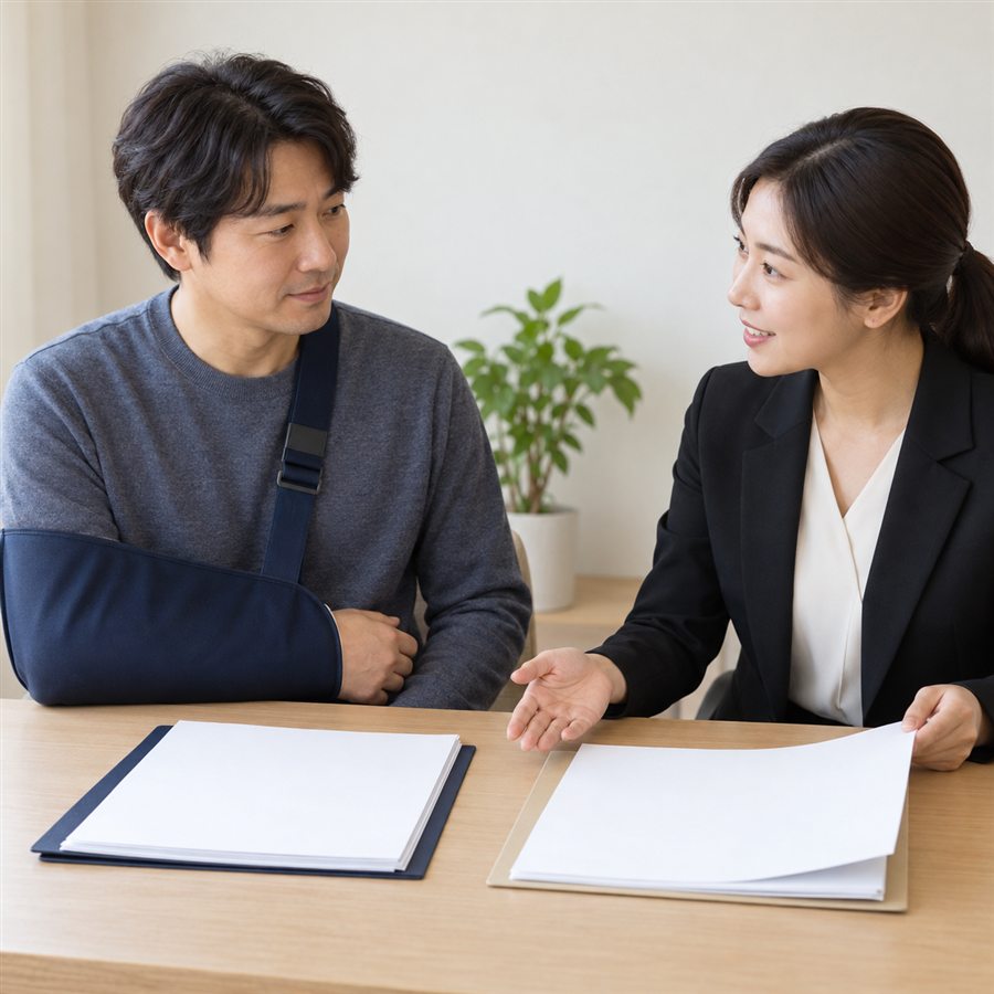 사고 후 보험 청구를 상담하는 보호대 착용 남성