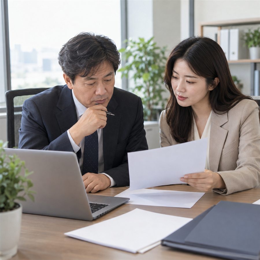 퇴직금 계산 기준, 평균임금과 계속근로기간을 확인하는 순서 3 퇴직금 계산을 인사 담당자와 확인하는 중년 직원